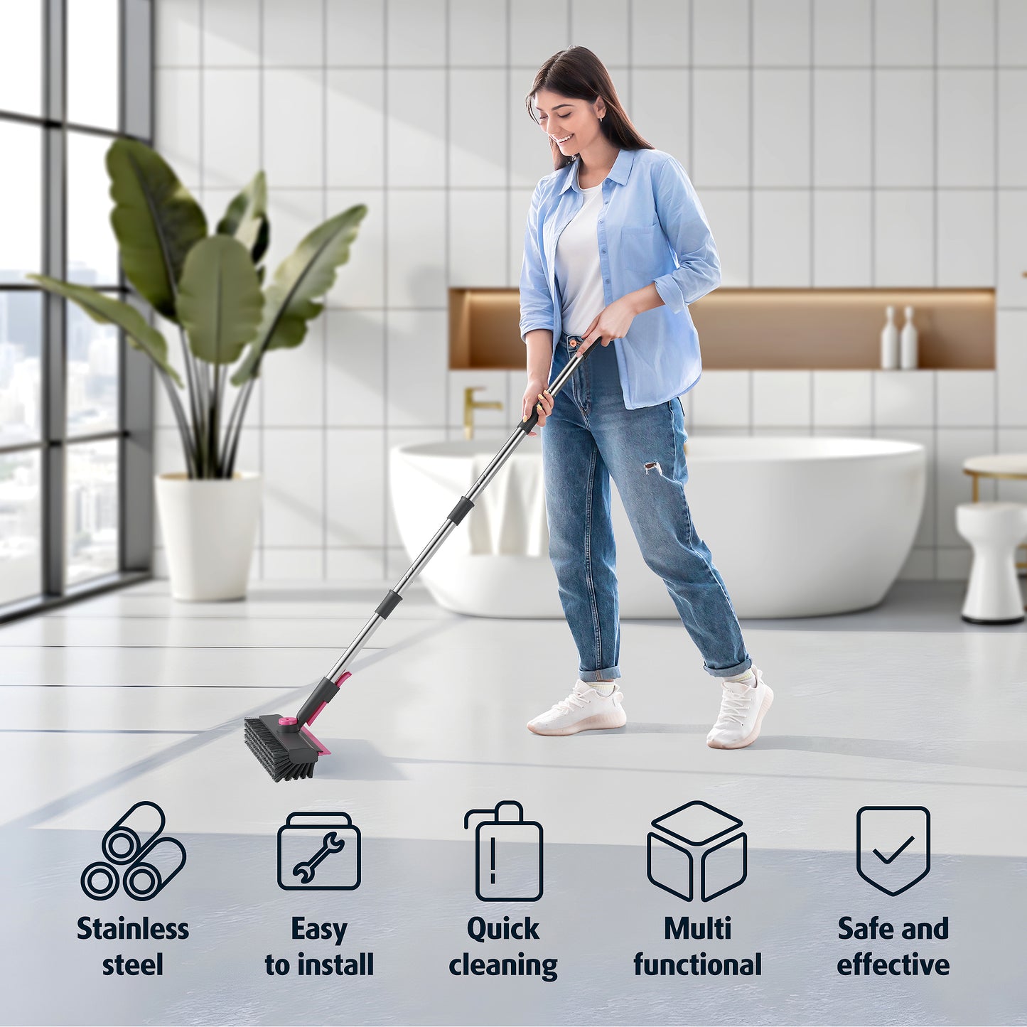 Floor Scrub Brush with Long Handle and Stiff Bristles, Gray-Pink