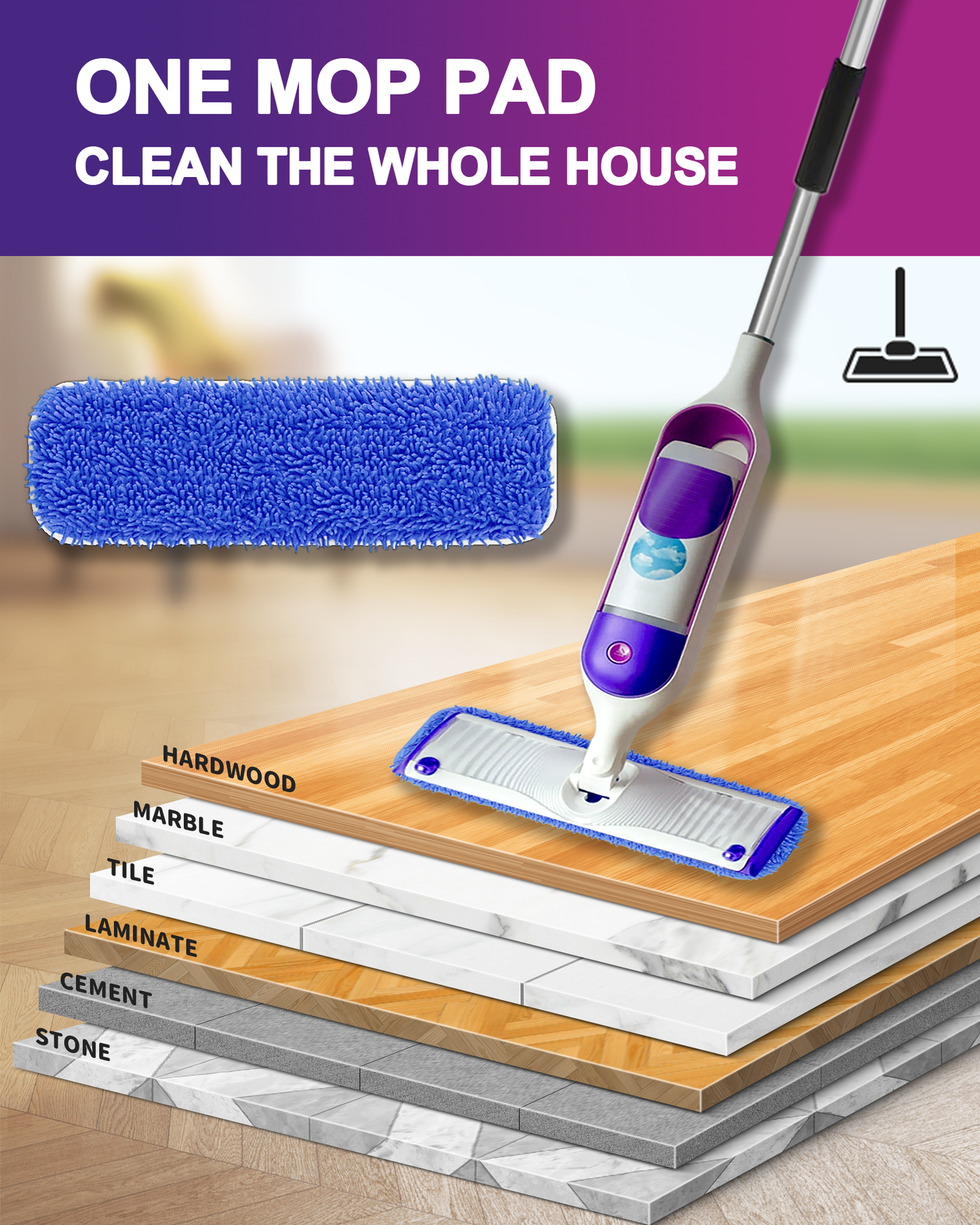 Surface Mopping Pad Refills for Swiffer PowerMop Reusable Chenille Microfiber Pads, 8 Count, Blue