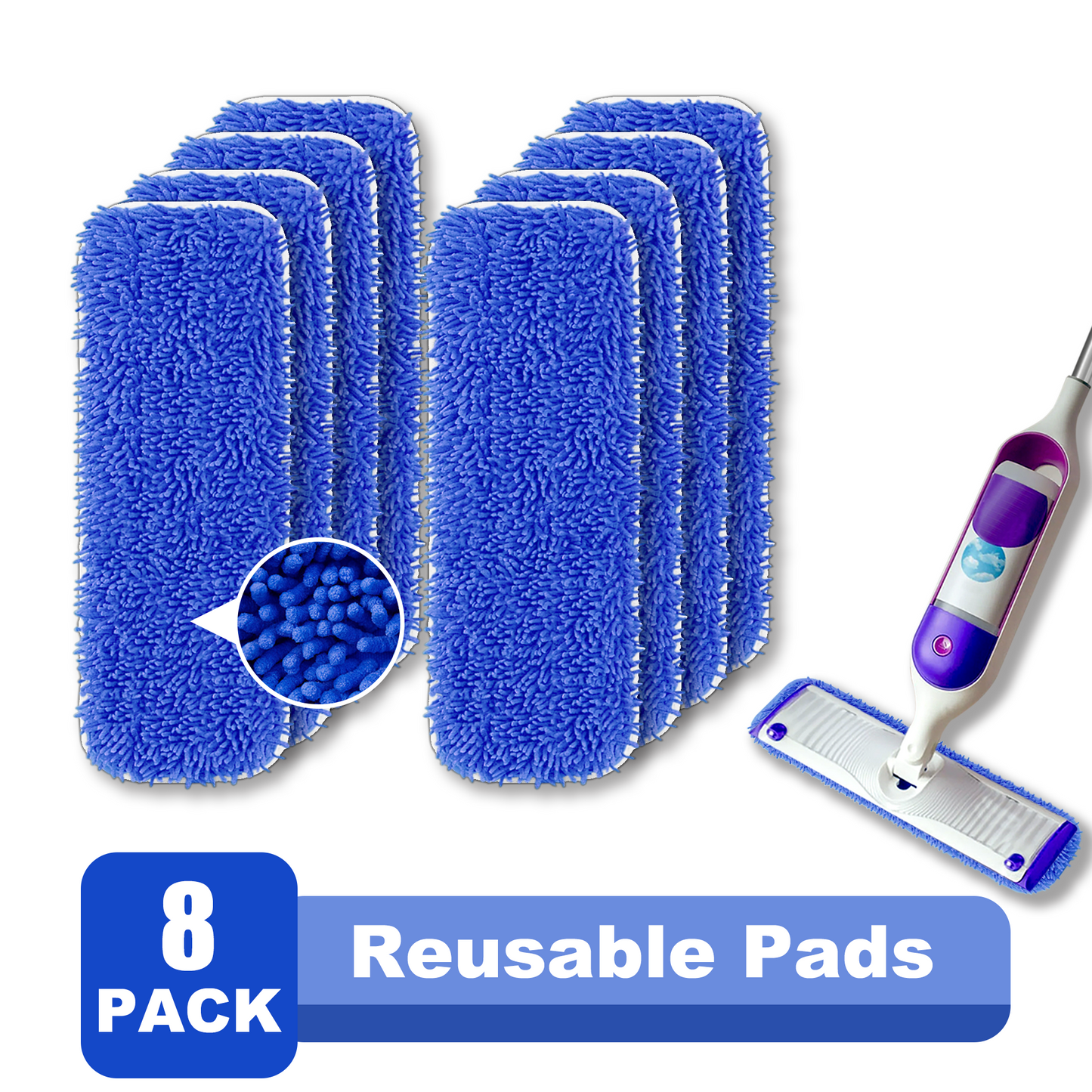 Surface Mopping Pad Refills for Swiffer PowerMop Reusable Chenille Microfiber Pads, 8 Count, Blue
