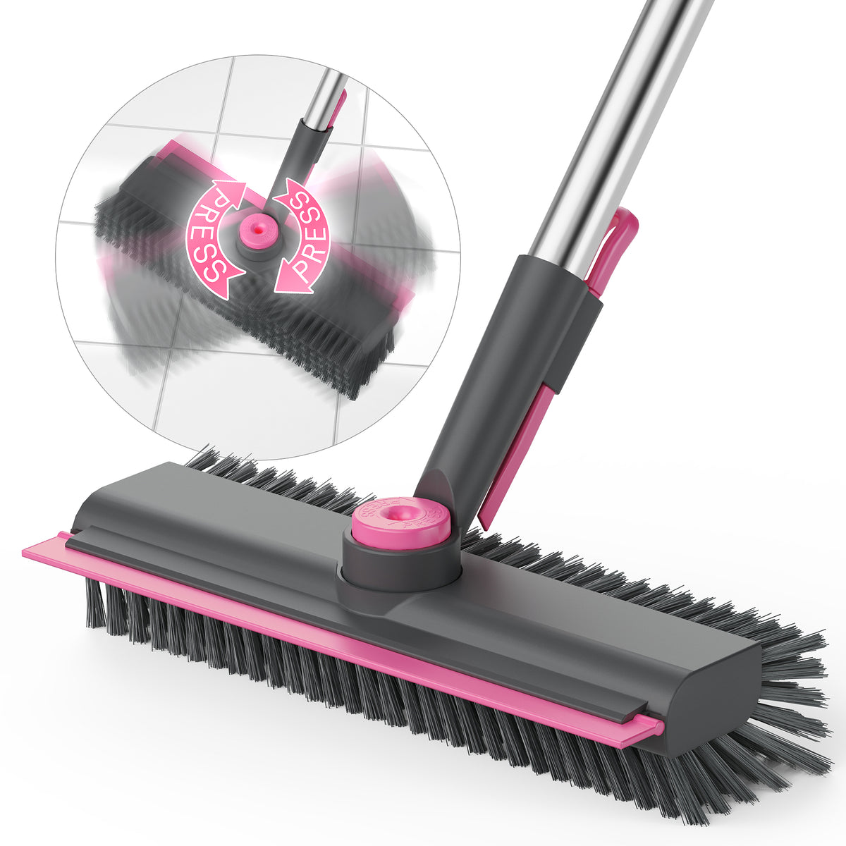 Floor Scrub Brush with Long Handle and Stiff Bristles, Gray-Pink