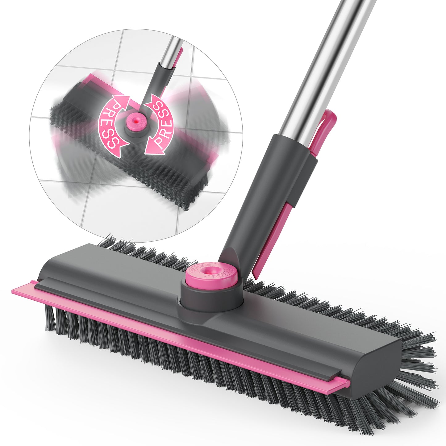 Floor Scrub Brush with Long Handle and Stiff Bristles, Gray-Pink