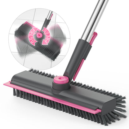 Floor Scrub Brush with Long Handle and Stiff Bristles, Gray-Pink