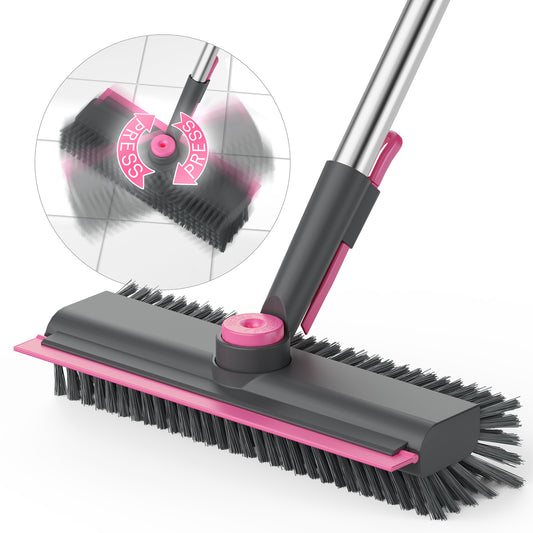 Floor Scrub Brush with Long Handle and Stiff Bristles, Gray-Pink