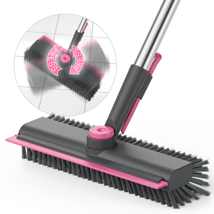 Floor Scrub Brush with Long Handle and Stiff Bristles, Gray-Pink