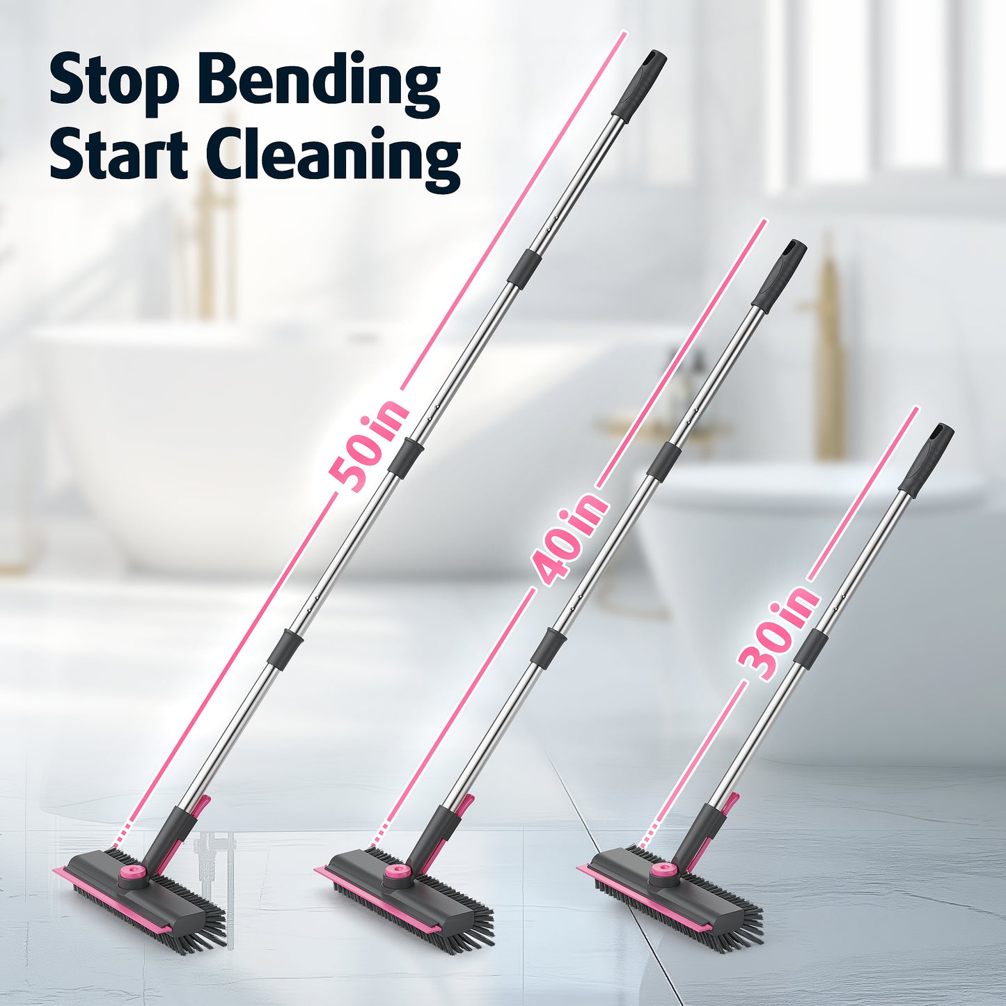 Floor Scrub Brush with Long Handle and Stiff Bristles, Gray-Pink