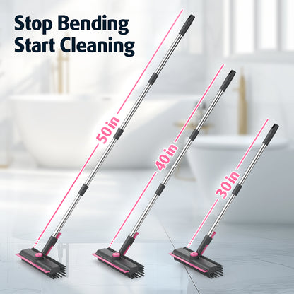 Floor Scrub Brush with Long Handle and Stiff Bristles, Gray-Pink