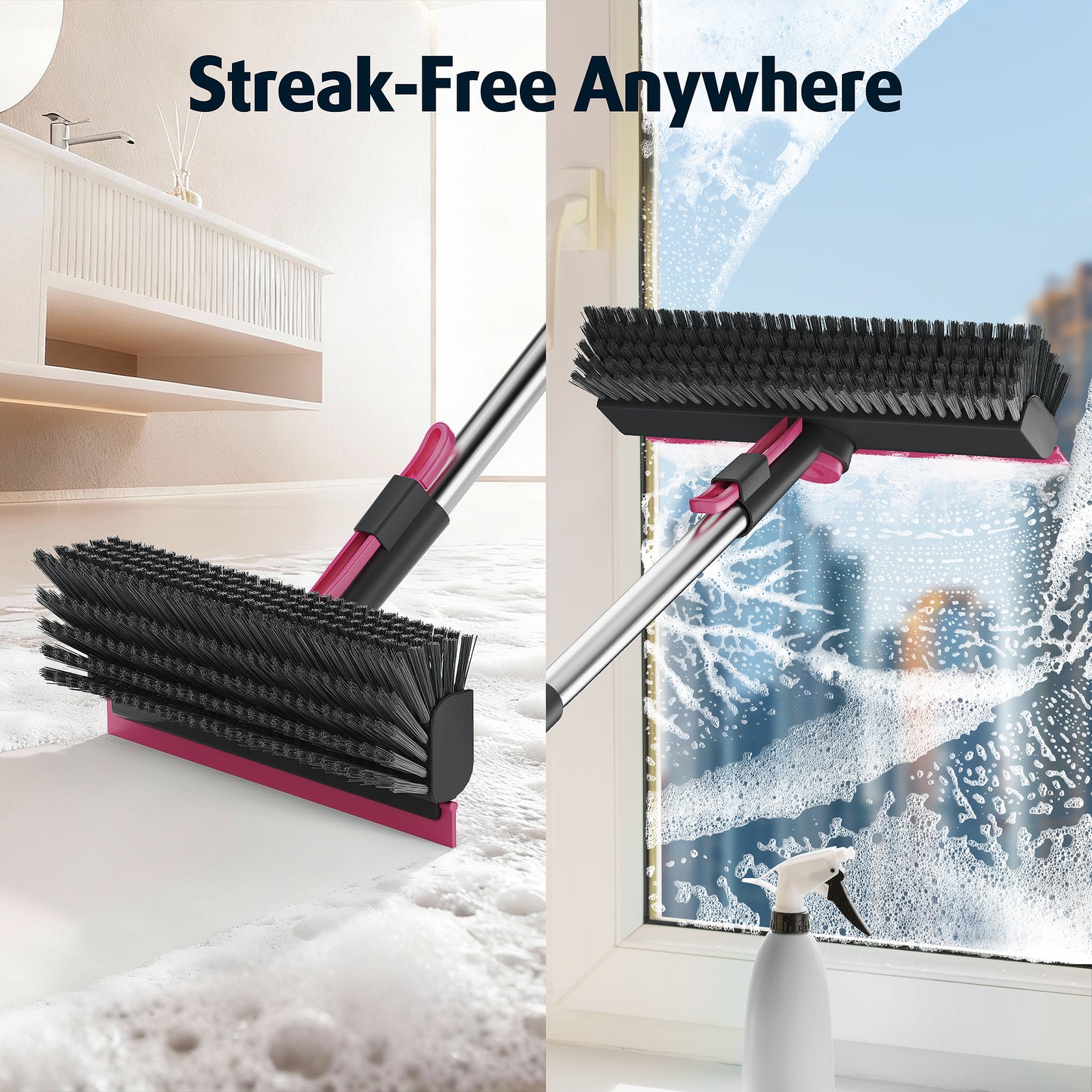 Floor Scrub Brush with Long Handle and Stiff Bristles, Gray-Pink