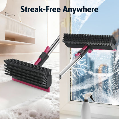 Floor Scrub Brush with Long Handle and Stiff Bristles, Gray-Pink