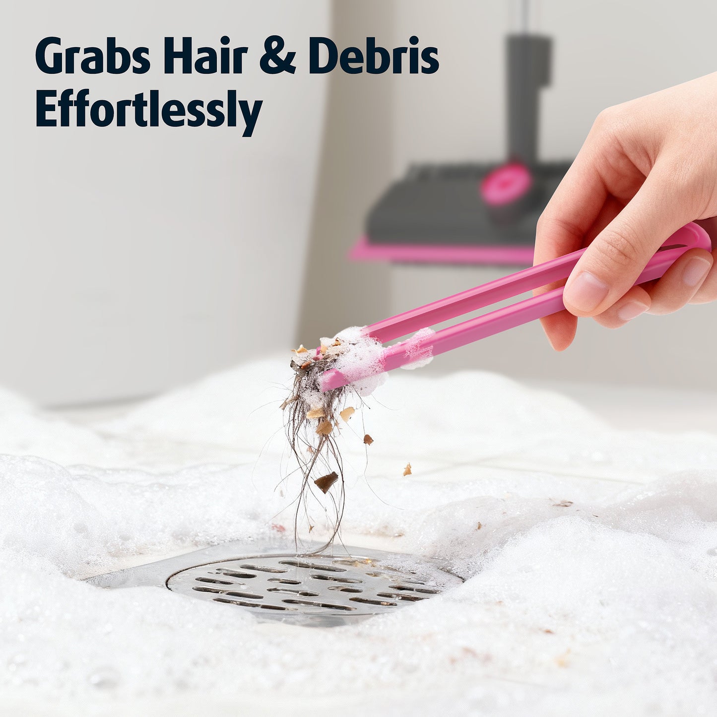 Floor Scrub Brush with Long Handle and Stiff Bristles, Gray-Pink