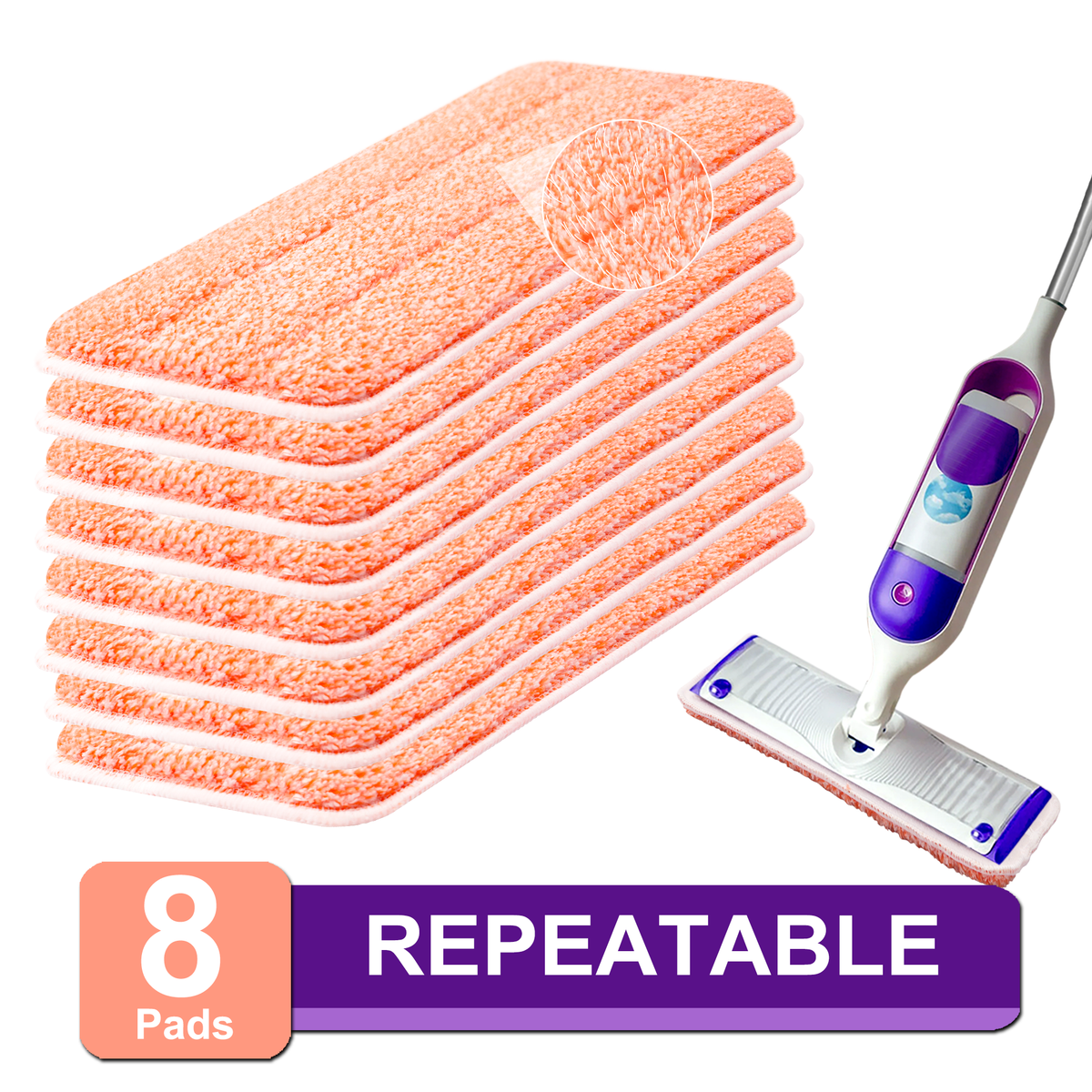 Surface Mopping Pad Refills for Swiffer PowerMop Reusable Microfiber Pads, 8 Count, Orange